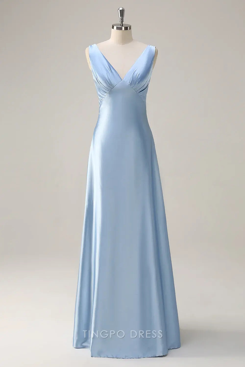Elegant Sky Blue A Line V Neck Open Back Satin Long Bridesmaid Dress Prom Dress